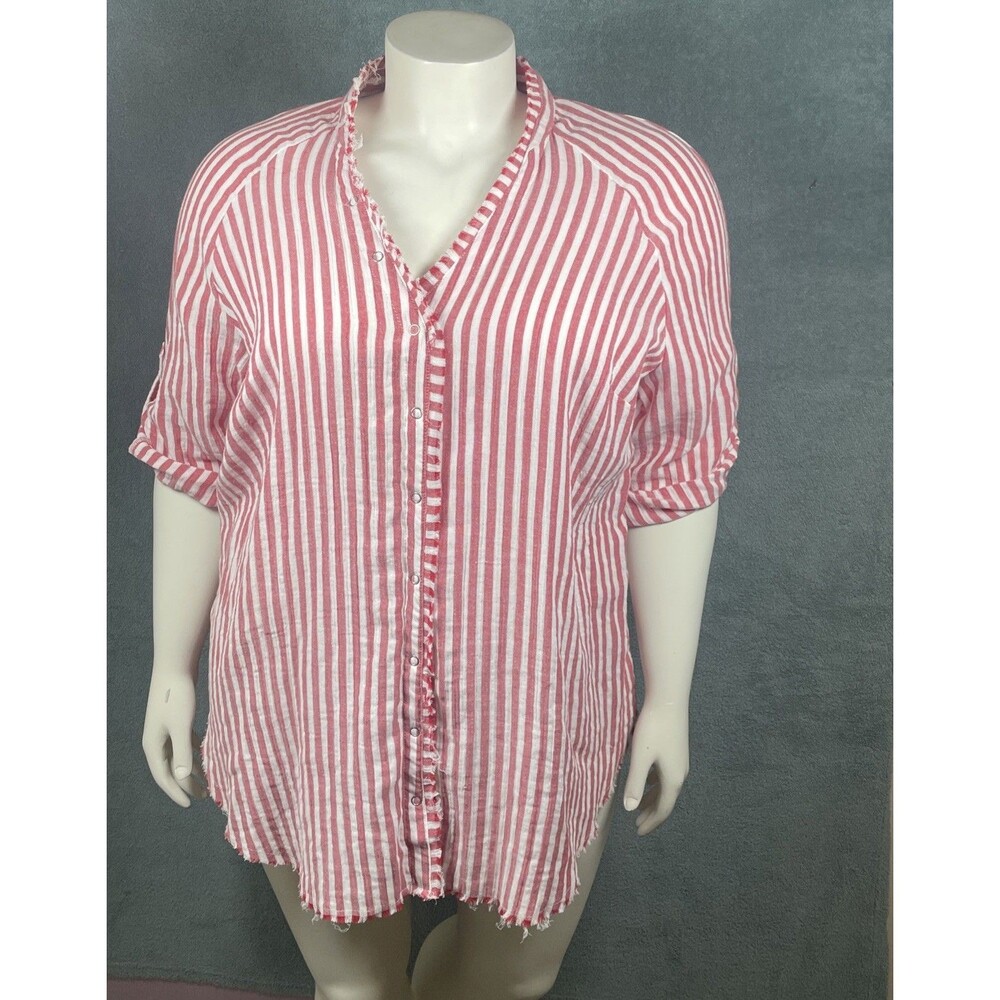 Cato Womens Tunic Shirt 18/20W‎ Red White Striped Snap Raw Hem Coastal Boho